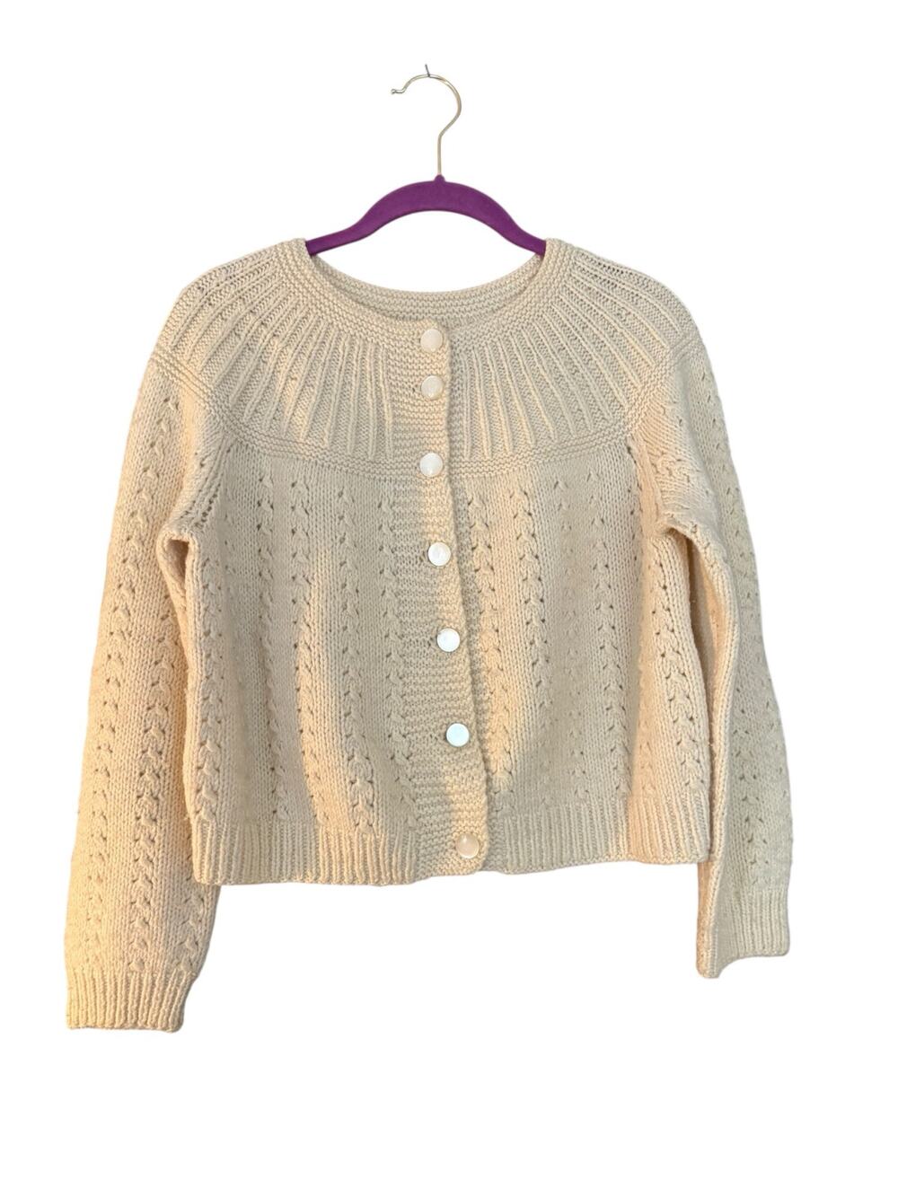Cream Thick Knit Cropped Cardigan Sweater Hand Knit Button Front Cottage Fairy